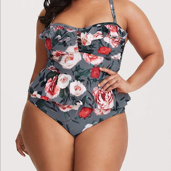 NWOT 2 Piece Plus Size High Waisted Peplum Floral Tankini - Picture 2 of 5